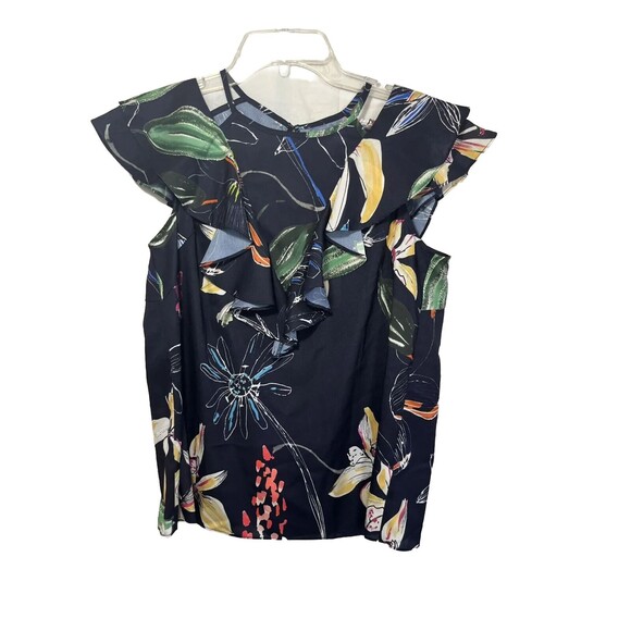 Parker Bold Tropical Flower Flutter Sleeve Neck Detail Ruffle Top NWT - Picture 3 of 11